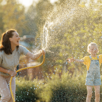 mom and daughter with water hose